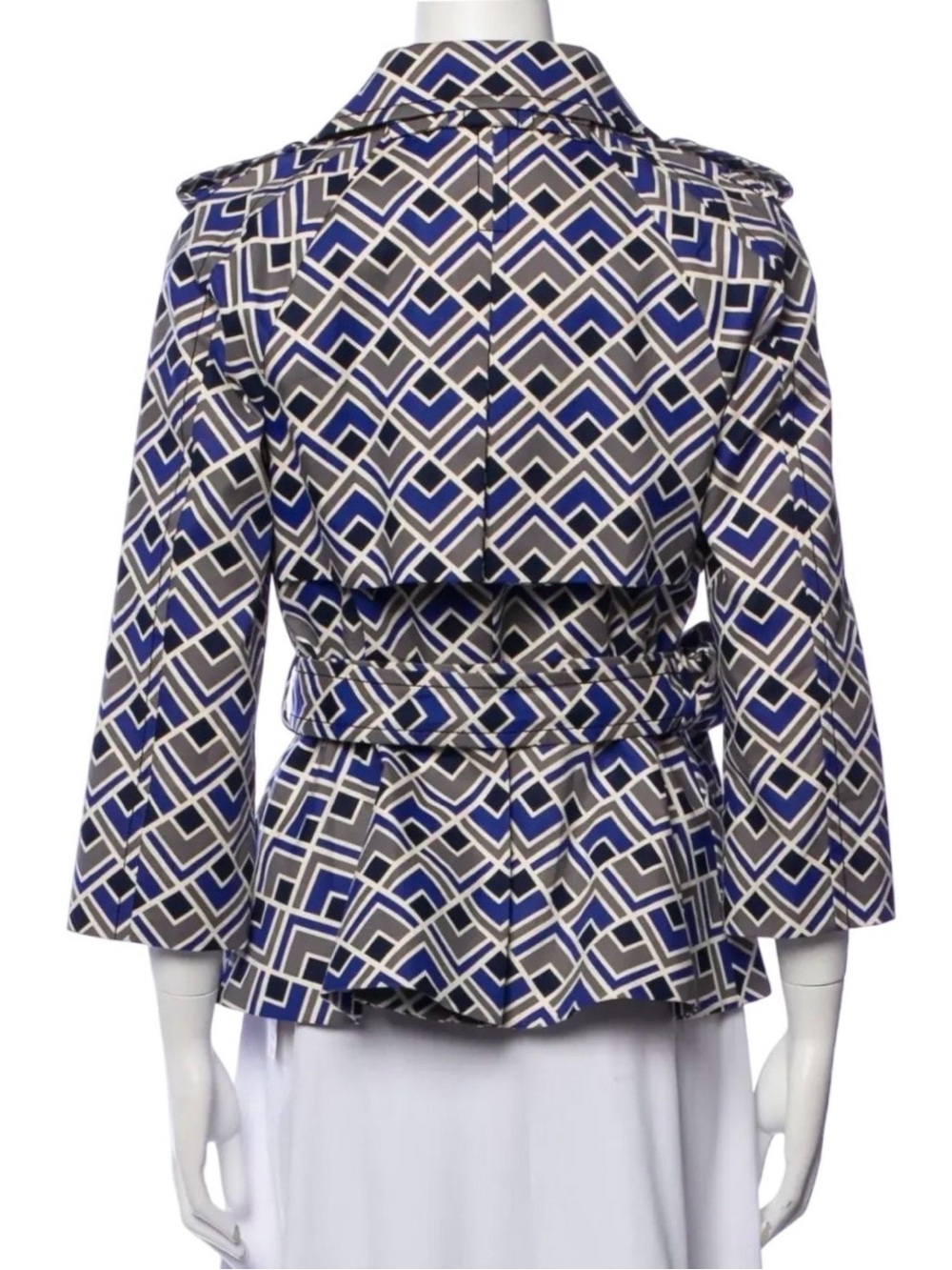 Kate Spade Lettie Trench Coat Geometric-Print Blue & Gray Women’s Belted Coat - Picture 3 of 11